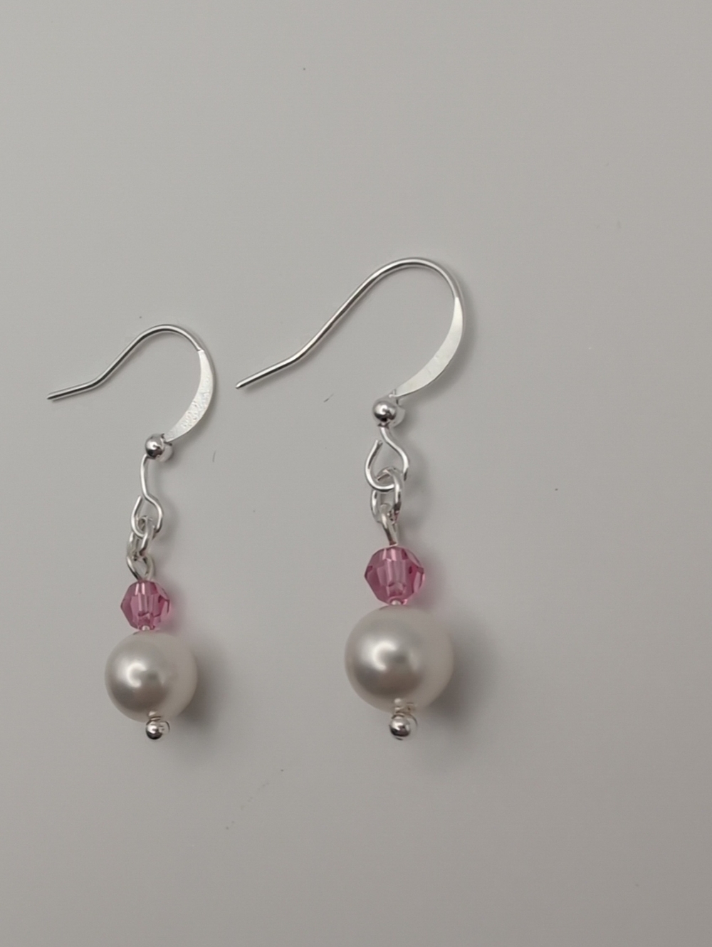 Handmade Silver Tone Pearl Drop Earrings with Rose Pink Swarovski Crystal Accent